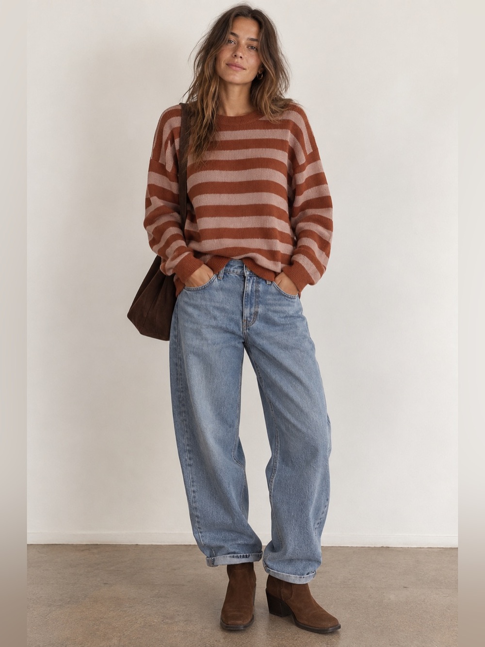 Free People FP Beach Malibu Surf Striped Sweater Mocha Combo S